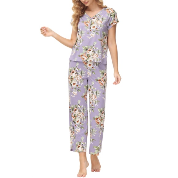 Echo Women's 2 Piece Printed Short Sleeve Henley Top with Wide Pants Pajama Set - Picture 1 of 1